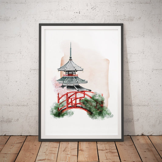 Majestic Pagoda Japanese Watercolor Art Print