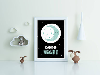 Sleepy Crescent & Starry Sky Nursery Art Print