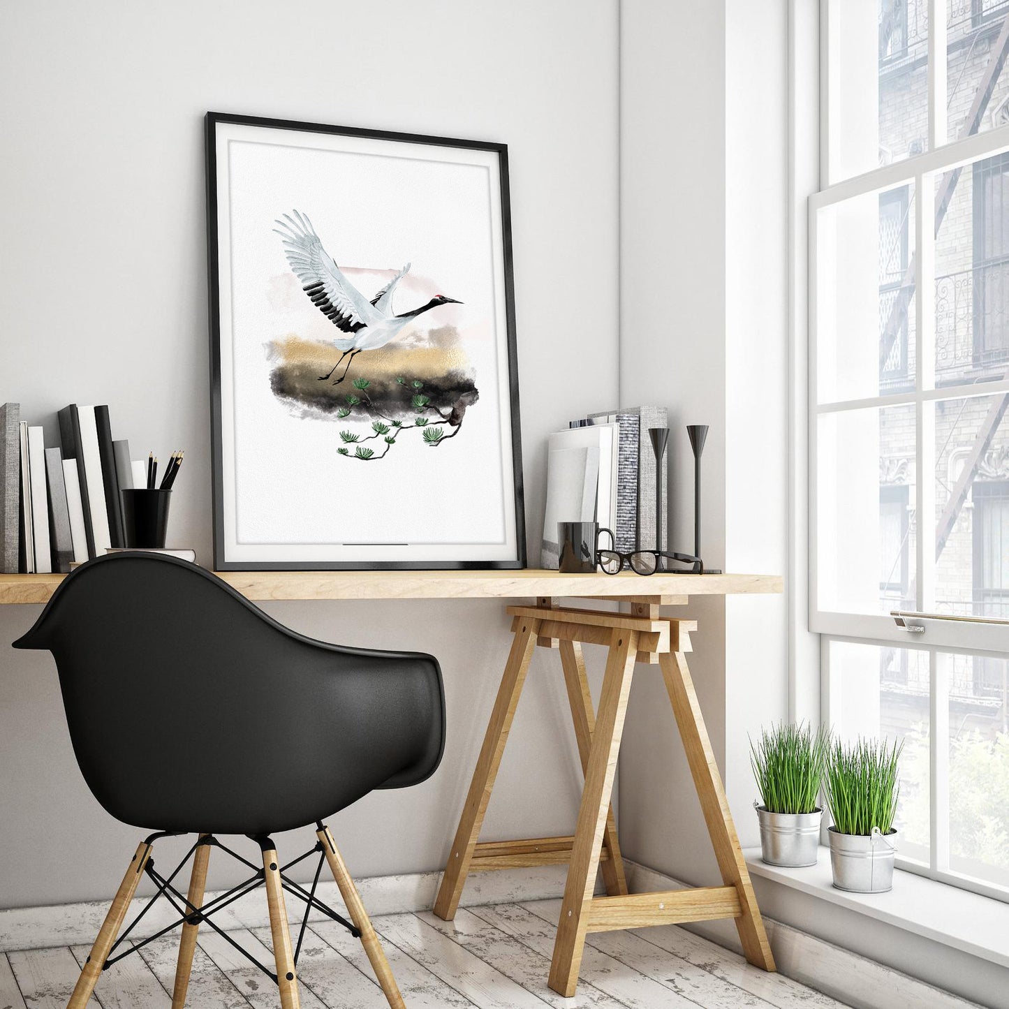 Serene Crane Japanese Watercolor Art Print