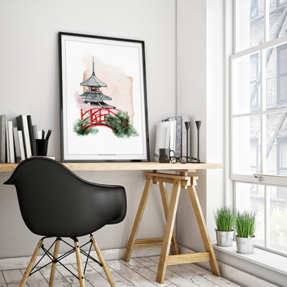 Majestic Pagoda Japanese Watercolor Art Print