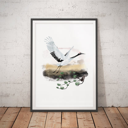 Serene Crane Japanese Watercolor Art Print