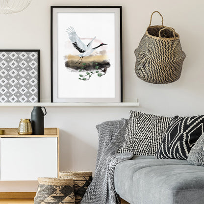 Serene Crane Japanese Watercolor Art Print